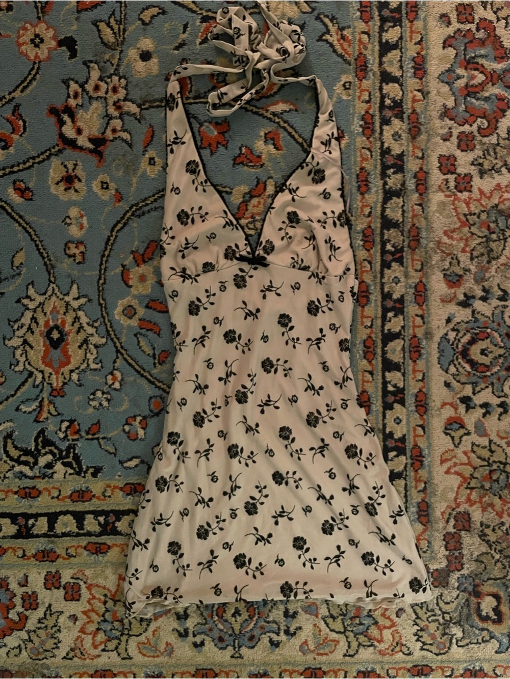 Cotton Candy Cream Halter Mini Dress with Black Floral Print